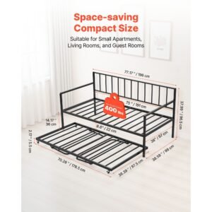 twin size daybed frame, height adjustable day bed with trundle, heavy duty metal platform bed frame with led light and charging station, twin daybed with metal slats for living room, bedroom