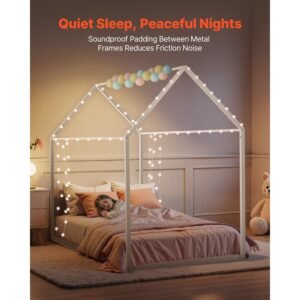 twin size house bed frame metal kids floor bed frame with roof heavy duty steel slats support house shape bedframe for girls and boys no box spring needed easy assembly white 3.jpg