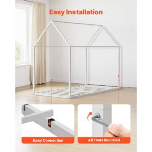twin size house bed frame metal kids floor bed frame with roof heavy duty steel slats support house shape bedframe for girls and boys no box spring needed easy assembly white 4.jpg