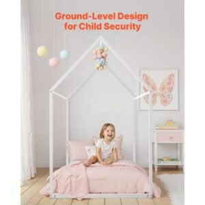 twin size house bed frame metal kids floor bed frame with roof heavy duty steel slats support house shape bedframe for girls and boys no box spring needed easy assembly white 5.jpg