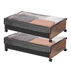 Under Bed Storage with Wheels, 25.6 x 18.1 x 7.1 inch Underbed Containers, Underbed Shoes Organizer with Lockable Wheels, Rolling Under the Bed Storage Bins for Clothes, Shoes, Blankets, 2 Pack