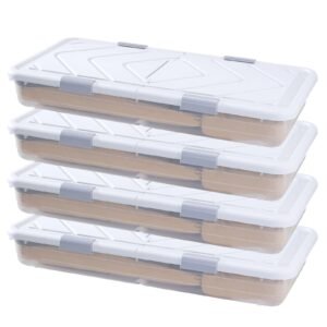 Under Bed Storage with Wheels, 31.7 x 15.6 x 6.9 inch Underbed Containers, Underbed Shoes Organizer with Lid & Gray Latch, Rolling Under the Bed Storage Bins for Clothes Shoes Blankets, 4 Pack