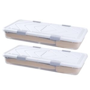 Under Bed Storage with Wheels, 39.8 x 20.1 x 5.9 inch Underbed Containers, Underbed Shoes Organizer with Lid & Gray Latch, Rolling Under the Bed Storage Bins for Clothes Shoes Blankets, 2 Pack