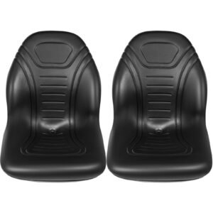 Universal Tractor Seat Replacement 2 Pack, Compact High Back Mower Seat Pair, Black Vinyl Forklift Seat, Central Drain Hole Skid Steer Seat with Mounting Bolt Patterns