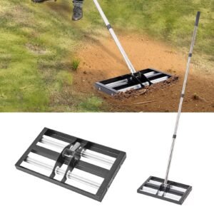 Updated Lawn Leveling Rake with Roller, 17" x 10" Stainless Steel Lawn Leveler with 63.4" Adjustable Handle, Heavy Duty Yard Leveling Rake, Effort Saving Lawn Leveling Tool for Yard Golf Court