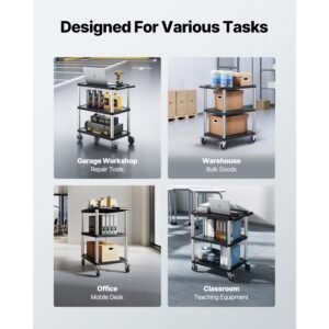 Utility Cart, 300 lbs Load Capacity, 27.6 x 18.1-inch Service Cart, Three-Shelf Heavy Duty Plastic Utility Cart with 360° Swivel Wheels (2 with Brakes), Suitable for Warehouse, Garage, Cleaning