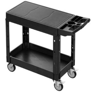 Utility Cart, 550 lbs Load Capacity, 31.3 x 17.7-inch Service Cart, Two-Shelf Heavy Duty Plastic Utility Cart with 360° Swivel Wheels (2 with Brakes), Suitable for Warehouse, Garage, Cleaning