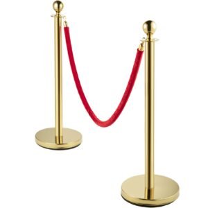 Velvet Ropes and Posts, 5 ft/1.5 m Red Rope, Stainless Steel Gold Stanchion with Ball Top, Red Crowd Control Barrier Used for Theaters, Party, Wedding, Exhibition, Ticket Offices 2 Pack Sets