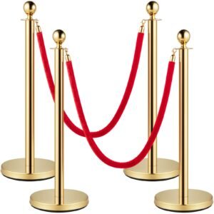 Velvet Ropes and Posts, 5 ft/1.5 m Red Rope, Stainless Steel Gold Stanchion with Ball Top, Red Crowd Control Barrier Used for Theaters, Party, Wedding, Exhibition, Ticket Offices 4 packSets