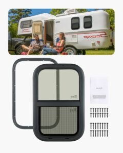 Vertical RV Window, 14" W x 22" H Tinted Sliding RV Window with Net Screen & Trim Ring, Fit 15/16" - 1 3/4" Thickness Wall, RV Window Replacement for Teardrop Cargo Trailer Camper, DOT Approved