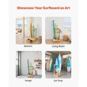vertical surfboard stand 3 tiers wooden surfboard rack for storage and display freestanding board stand organizer with hanging hooks cork padding for wakeboards snowboards kiteboards 1.jpg