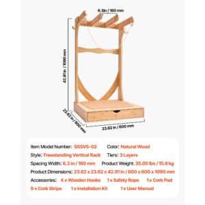 vertical surfboard stand 3 tiers wooden surfboard rack for storage and display freestanding board stand organizer with hanging hooks cork padding for wakeboards snowboards kiteboards 2.jpg