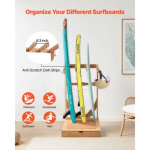 Vertical Surfboard Stand, 3 Tiers Wooden Surfboard Rack for Storage and Display, Freestanding Board Stand Organizer with Hanging Hooks & Cork Padding, for Wakeboards, Snowboards, Kiteboards