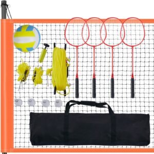 Volleyball and Badminton Set, Outdoor Portable Badminton Net, Adjustable Height Steel Poles, Professional Combo Set with PVC Volleyball, Pump, Carrying Bag, Easy Setup for Backyard Beach Lawn