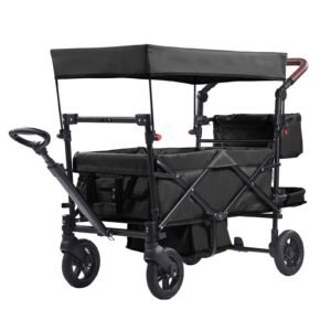 Wagon Stroller for 2 Kids, Push Pull Quad Collapsible Stroller with Adjustable Handle, Encircling Harness Removable Canopy, 4 Wheels with Brakes, Mutifunction Tandem Stroller for Camping Black