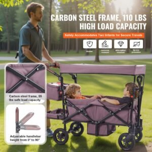 wagon stroller for 2 kids, push pull quad collapsible stroller with adjustable handle, encircling harness removable canopy,4 wheels w/ brakes,mutifunction tandem stroller for camping dark purple