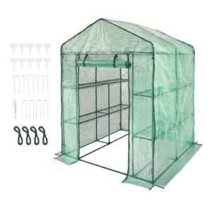 Walk-in Green House, 4.6 x 4.6 x 6.6 ft , Greenhouse with Shelves, High Strength PE Cover with Zipper Door and Steel Frame, Assembly in Minutes, Suitable for Planting and Storage