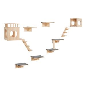 Wall Mounted Cat Shelves, Cat Wall Shelves and Perches with Jumping Boards, Cat Beds, Hammocks & Cat Tree, Cat Furniture and Shelves up to 40 lbs for Sleeping, Playing, Climbing, Set of 9