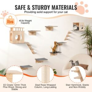 wall mounted cat shelves, cat wall shelves and perches with jumping boards, cat beds, hammocks & cat tree, cat furniture and shelves up to 40 lbs for sleeping, playing, climbing, set of 9
