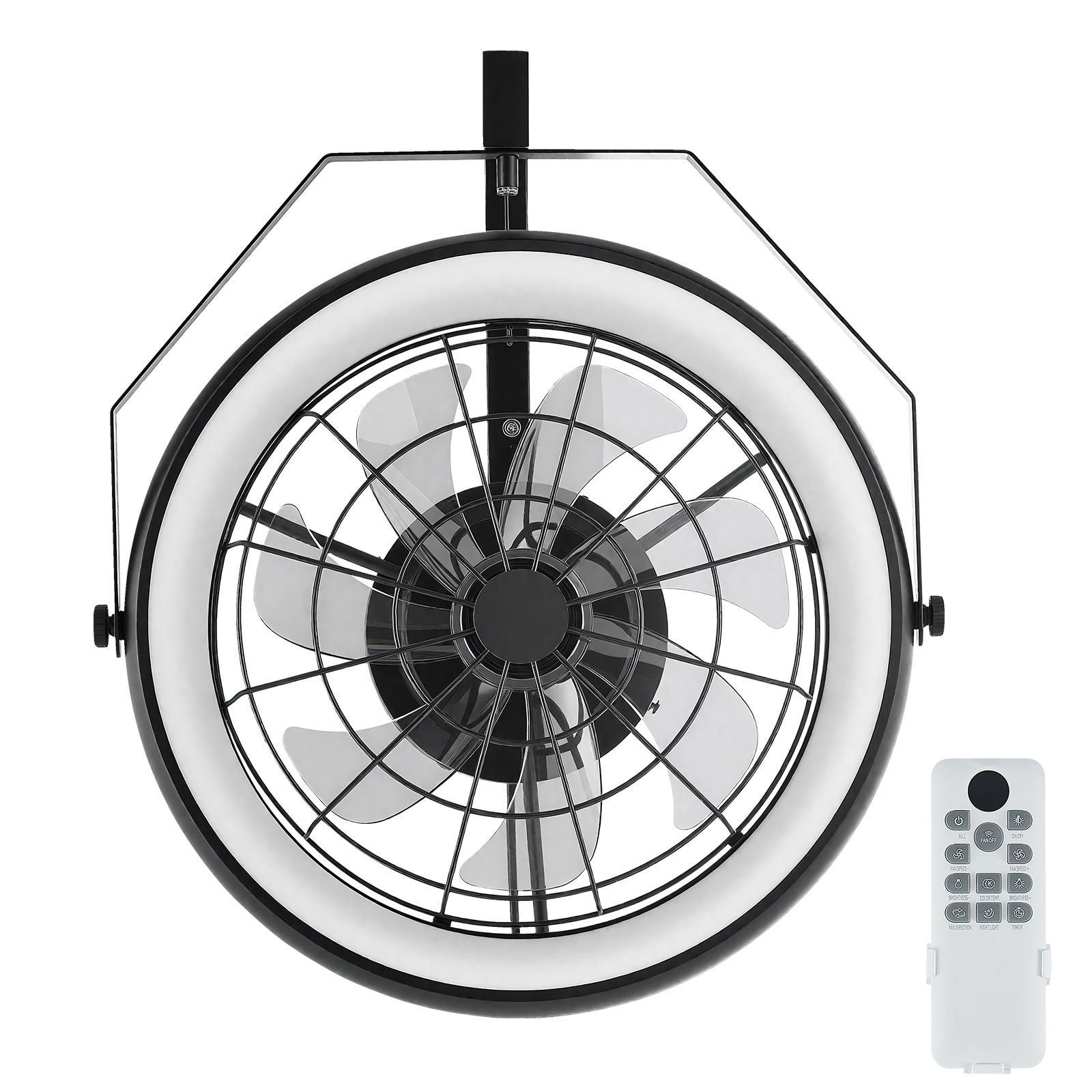 wall mounted fan with lights, 22 inch wall mount fan with remote, 6 speeds plug in wall fan, reversible, dimmable 3 color lighting, timer, 360°adjustable tilt for workshop, patio, home