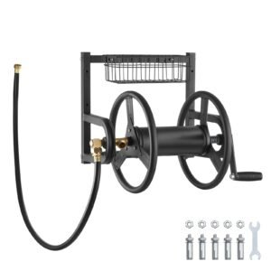 Wall Mounted Garden Hose Reel, Holds 125 ft 5/8-inch Hose, Heavy-Duty Water Hose Winder, Space-Saving Design, Outdoor Manual Reel with Brass Fitting and Storage Basket for Yard Lawn