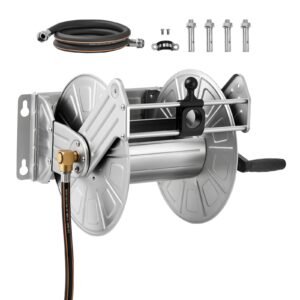 Wall Mounted Garden Hose Reel, Holds 150 ft 5/8-inch Water Hose Winder, Heavy-Duty Stainless Steel, Outdoor Manual Reel with Brass Fitting & Hose Guide, Space Saving, for Yard Lawn Garage