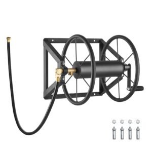 Wall Mounted Garden Hose Reel, Holds 200 ft 5/8-inch Manual Water Hose Winder, Heavy-Duty Steel, Outdoor Reel with Brass Fitting & 5ft Leader Hose, Space Saving, for Yard Lawn Garage