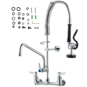 Wall-Mounted Kitchen Faucet, 25" Tall, 8" Center Distance, 12" Rotatable Spout, Includes Pre-Rinse Spray, Brass Build, Pull-Down Feature, Suitable for Multi-Compartment Sinks
