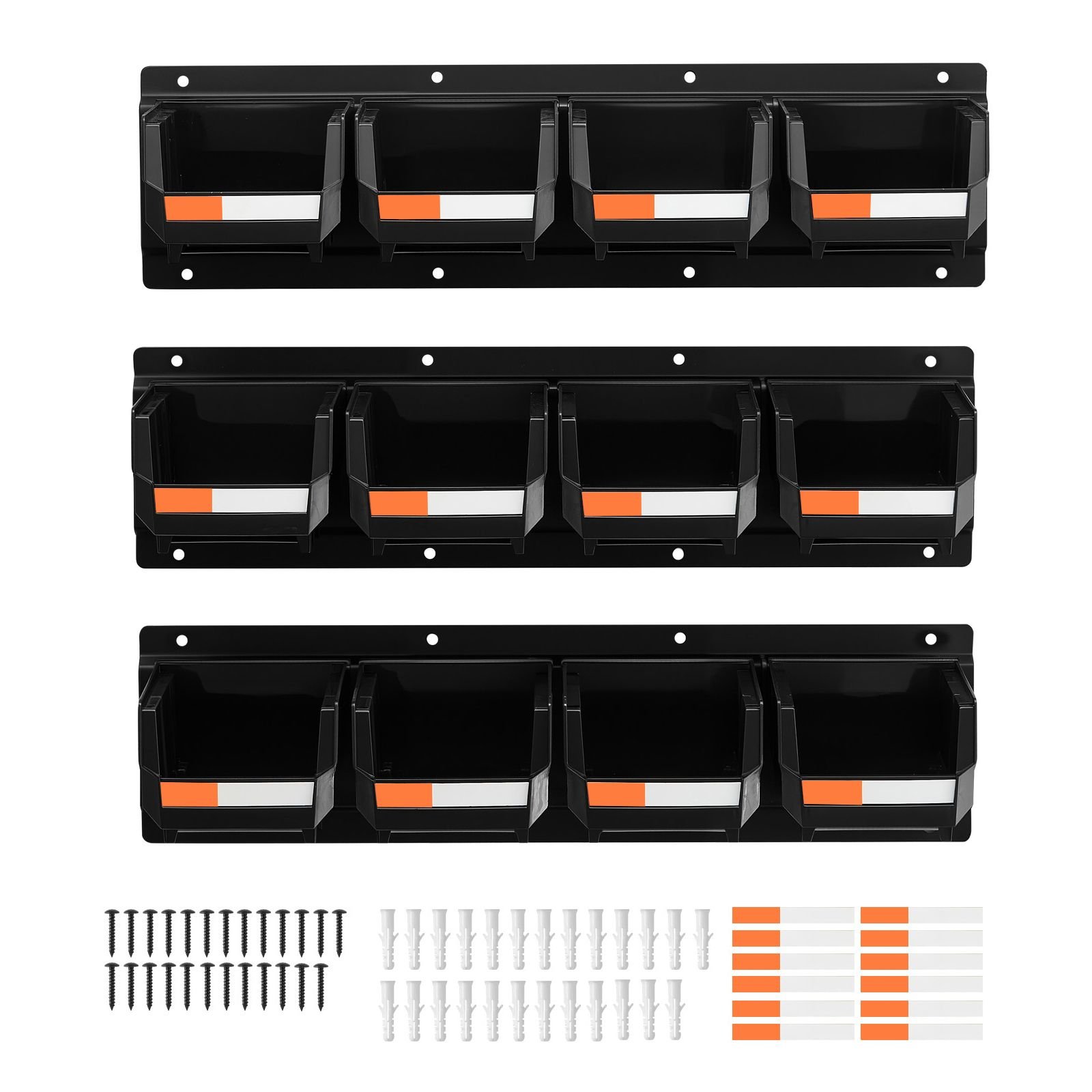 wall mounted storage bins, 12 plastic bins & 3 metal rails, plastic hanging stackable storage bin for screws, nuts, bolts, nails, hardware tool organizer for workshop, craft room, garage, black