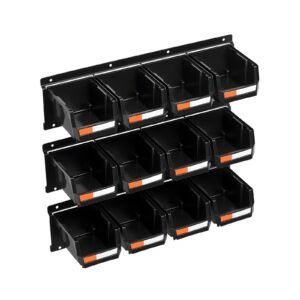 wall mounted storage bins, 12 plastic bins & 3 metal rails, plastic hanging stackable storage bin for screws, nuts, bolts, nails, hardware tool organizer for workshop, craft room, garage, black