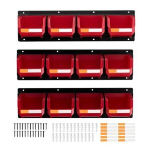 Wall Mounted Storage Bins, 12 Plastic Bins & 3 Metal Rails, Plastic Hanging Stackable Storage Bin for Screws, Nuts, Bolts, Nails, Hardware Tool Organizer for Workshop, Craft Room, Garage, Red