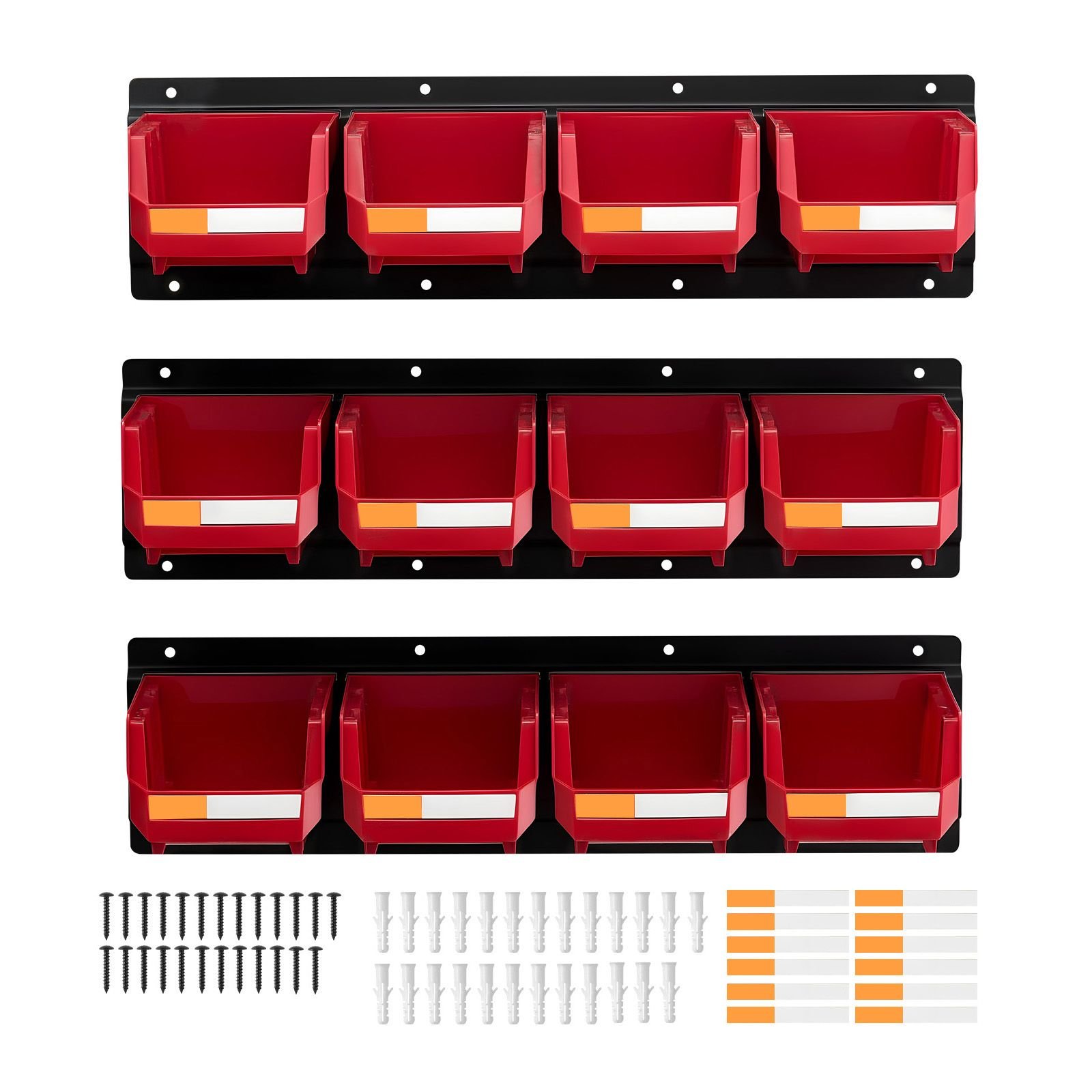 wall mounted storage bins, 12 plastic bins & 3 metal rails, plastic hanging stackable storage bin for screws, nuts, bolts, nails, hardware tool organizer for workshop, craft room, garage, red