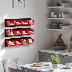 wall mounted storage bins, 12 plastic bins & 3 metal rails, plastic hanging stackable storage bin for screws, nuts, bolts, nails, hardware tool organizer for workshop, craft room, garage, red