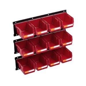 wall mounted storage bins, 12 plastic bins & 3 metal rails, plastic hanging stackable storage bin for screws, nuts, bolts, nails, hardware tool organizer for workshop, craft room, garage, red