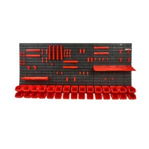 Wall Mounted Storage Bins, 30-Bin Parts Rack Organizer Garage Plastic Shop Tool with Wall Panels/Tool Holders/Hooks, Tool Organizer for Nuts, Bolts, Screws, Nails, Beads, Buttons, Black and Red