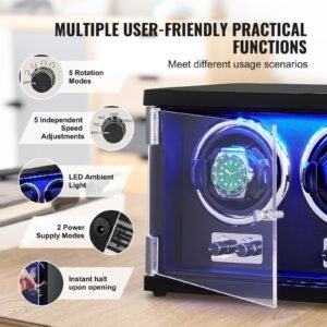 watch winder dual watch winder for mens and womens automatic watch with 2 super quiet japanese mabuchi motors blue led light and adapter high density board shell and black pu 4.jpg