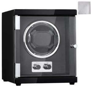 Watch Winder, Single Watch Winder for Men's and Women's Automatic Watch, with Super Quiet Japanese Mabuchi Motor, Blue LED Light and Adapter, High-Density Board Shell and Black PU