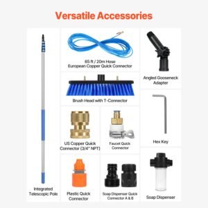 water fed pole kit, 30ft solar panel cleaning pole with extendable handle, 180° rotatable brush head & 65.6ft hose, household & outdoor window cleaner tool for caravan solar panel deck