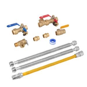 Water Heater Kit, 3/4 Inch Cold & Hot Water Plumbing Repair Kit with 600 WOG Isolation Valves, Pressure Relief Valve, Dual-Layer Gas Hose, Compatible with Most Tankless Waters Heater Brands