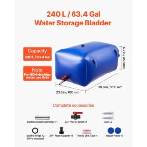 Water Storage Bladder 63.4 Gallon Large Capacity Water Bag, Portable & Collapsible Soft Waters Container, Leakproof & Tear-Resistant PVC Emergency Waters Storage Tank for RV Truck & Outdoor Use