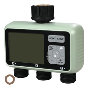 Water Timer, 3 Outlets, Hose Watering Sprinkler Timer, with 3 Independent Watering Zone LCD Display Rain Delay Mode Manual Mode 360° Brass Inlet Metal Filter, IPX6 Waterproof for Yard Watering