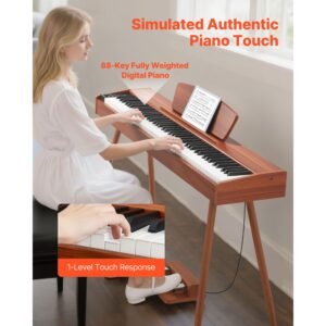 weighted digital piano, 88 keys fully weighted, electric piano keyboard with sheet music stand, triple pedal, power adapter, 280 tones, support wireless connection, for beginners, wood color