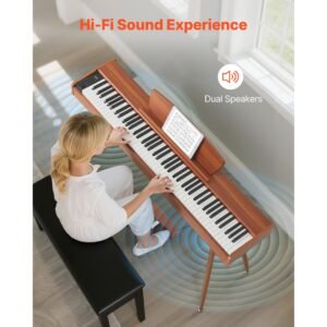 weighted digital piano, 88 keys fully weighted, electric piano keyboard with sheet music stand, triple pedal, power adapter, 280 tones, support wireless connection, for beginners, wood color