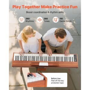 weighted digital piano, 88 keys fully weighted, electric piano keyboard with sheet music stand, triple pedal, power adapter, 280 tones, support wireless connection, for beginners, wood color