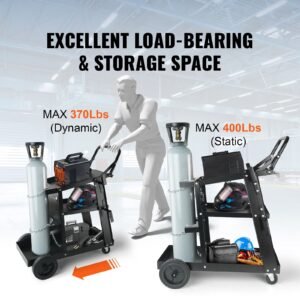 welding cart, 3 tier welder cart heavy duty with 400 lbs weight capacity, 360° swivel wheels, tank storage safety chains, rolling mig welder cart for tig, arc, mma, plasma cutter welding machine