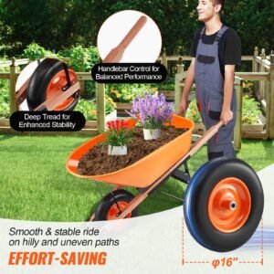 Wheelbarrow Cart, 6 Cu. Ft. Load & 330 lbs Capacity, One Wheel Garden Dump Cart Wheel Barrow with Metal Handle & 16" Wide Track Wheels, Easy Loading Utility Yard Cart & Wagons for Lawn Farm