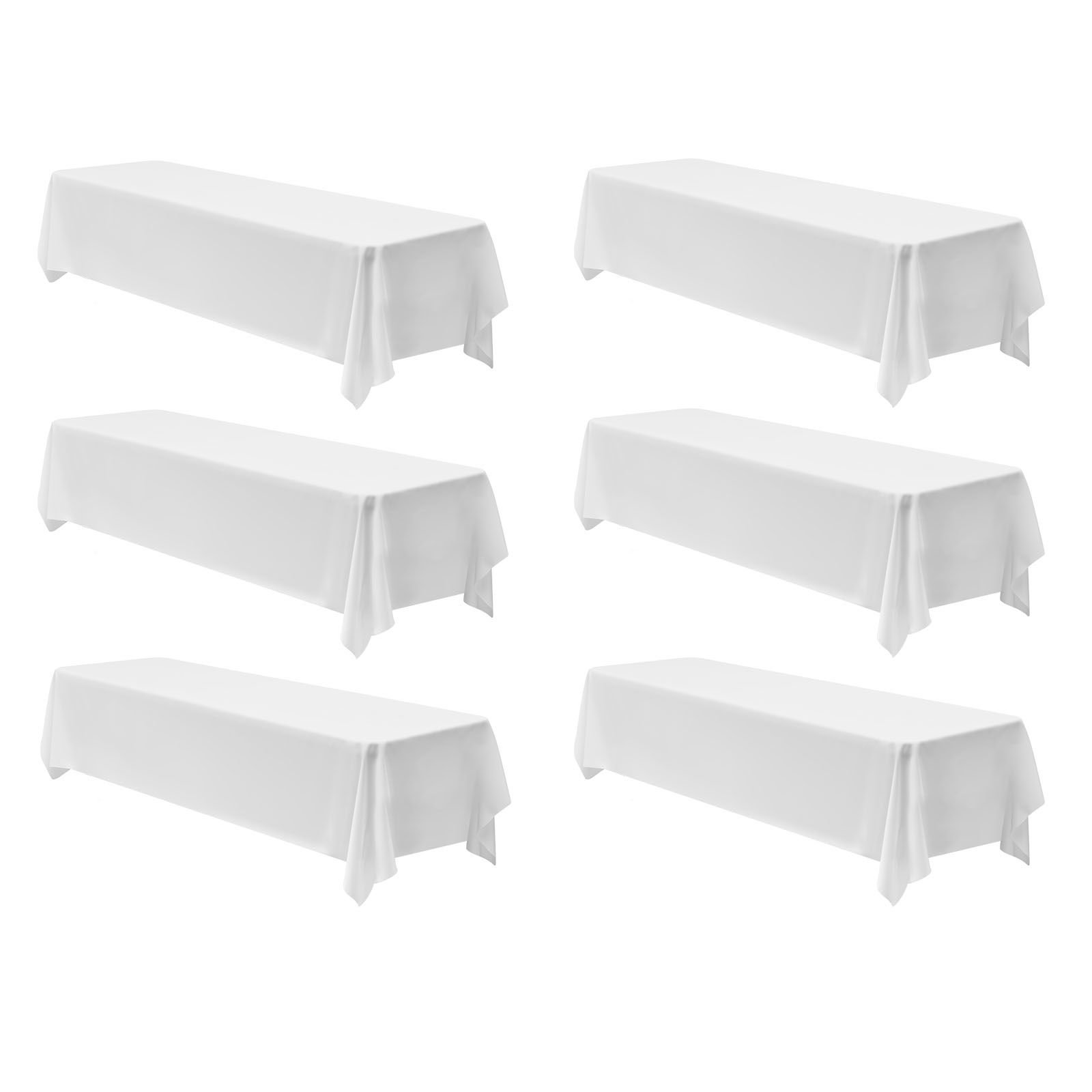 white tablecloths for rectangle tables, 6 pack, 90 x 132 inches, reusable and machine washable table clothes, wrinkle resistant polyester fabric table covers for wedding, party, banquet