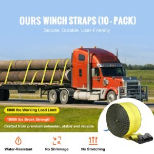 winch straps 4 x 30 6000 lbs load capacity 18000 lbs break strength truck straps with flat hook flatbed tie downs cargo control for trailers farms rescues tree saver yellow 10 pack 1.jpg