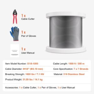 wire rope kit 18 1000 ft 316 stainless steel cable with cutter and gloves 1600 lbs breaking strength 7x7 strands construction marine aircraft grade for handrail stair decking fence outdoors 2.jpg