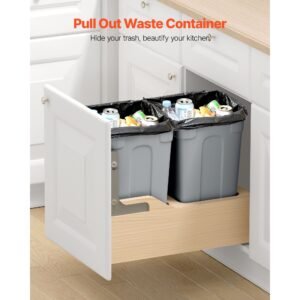 Wood Pullout Trash Can for Kitchen Cabinets, 35 QT x2 Double Under Sink Garbage Waste Recycling Bin, Under Mount Waste Container, with Heavy Duty Metal Soft Close Sliding System and Door Kit